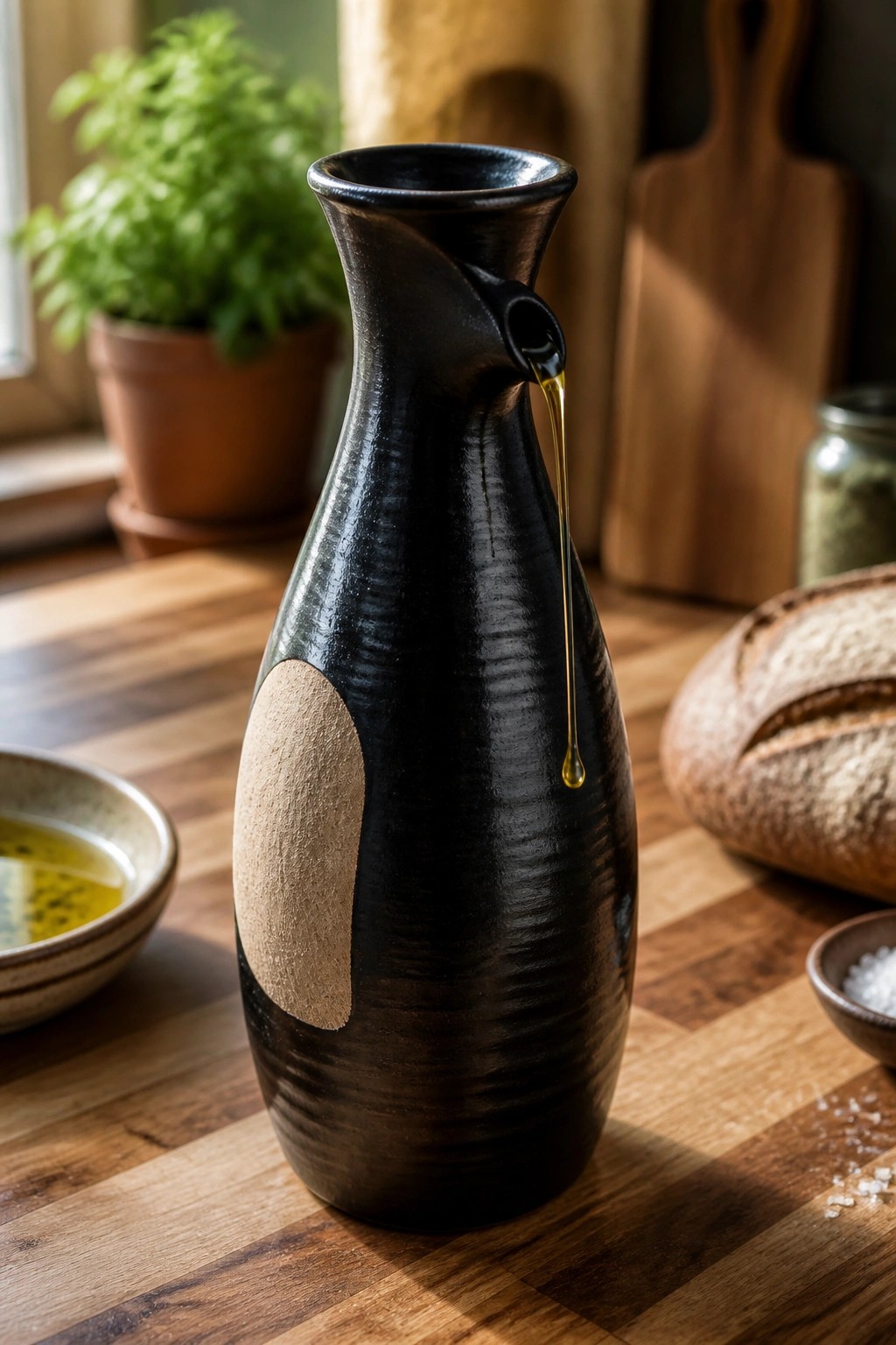 A black ceramic pitcher with a beige oval patch pours oil from its spout onto a wooden kitchen counter.