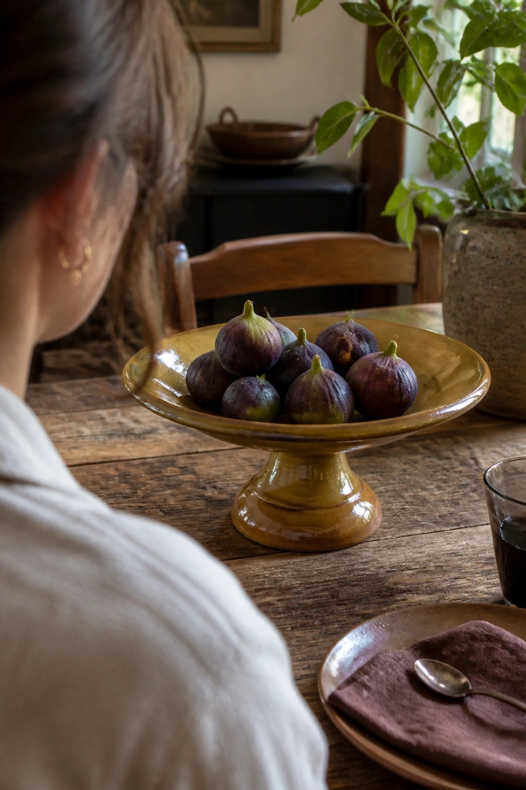 Woman in white views ripe figs in yellow pedestal bowl on wooden table