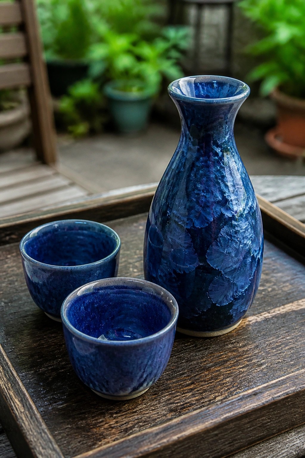 Blue ceramic vase and two cups on dark wooden tray in garden