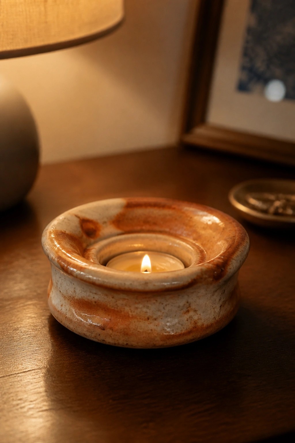 Lit tea light in rustic brown-speckled ceramic holder on dark wood table