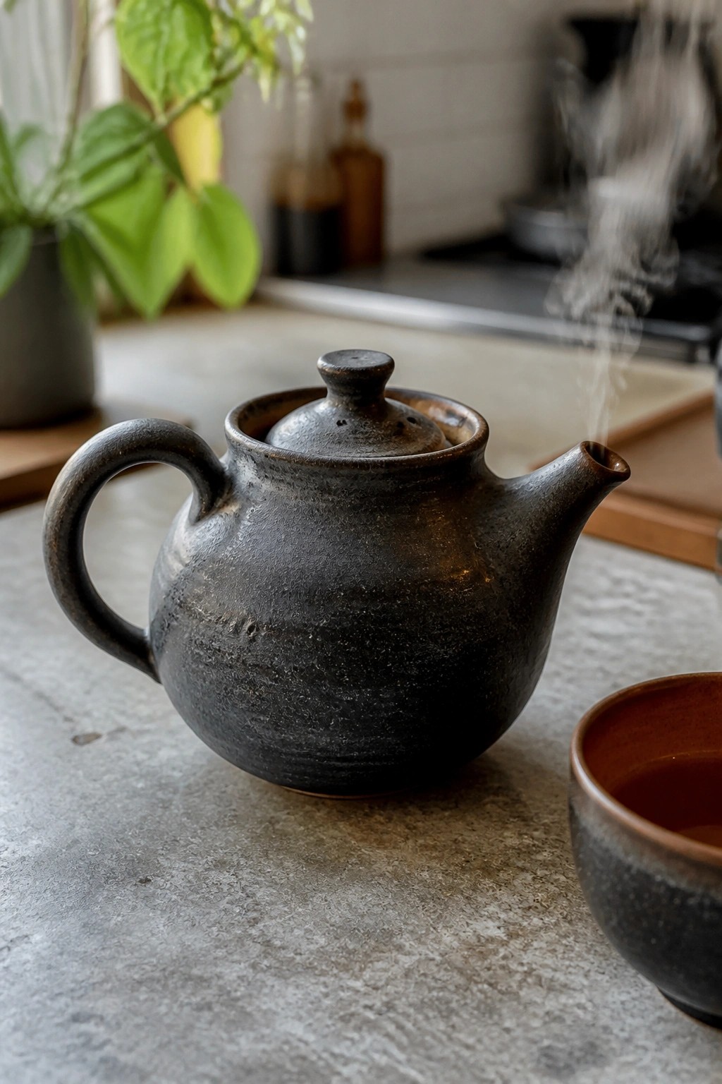 A dark ceramic teapot with steam coming from the spout sits on a countertop next to a small cup.