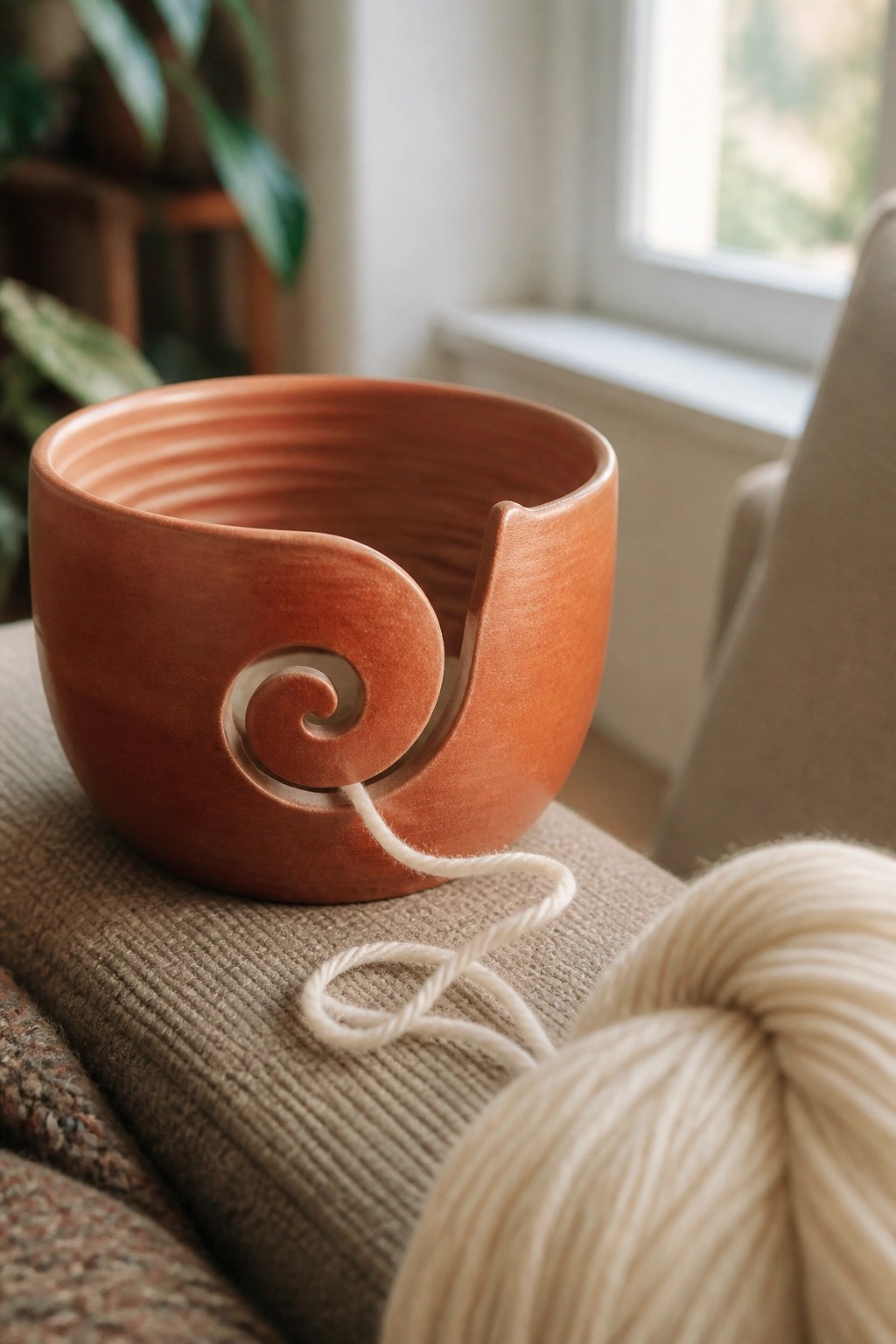 A terracotta ceramic yarn bowl with a spiral side cutout sits on fabric with white yarn threaded through the opening and a ball of yarn nearby.