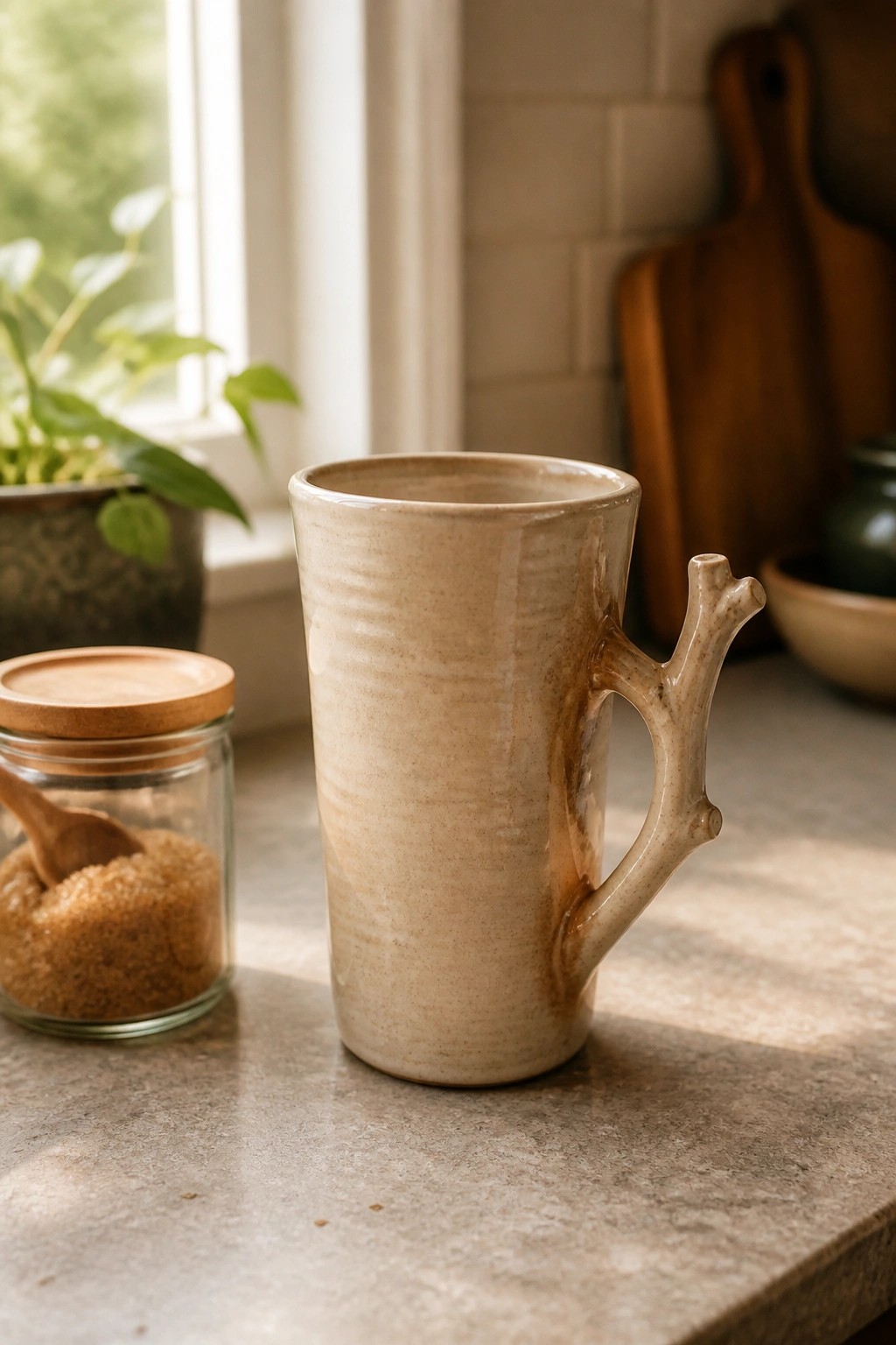 Beige ceramic mug with branch handle beside jar of brown sugar on counter