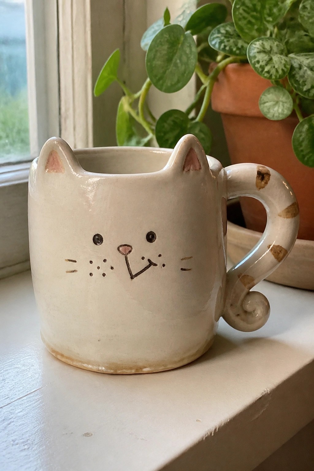 Ceramic cat-face mug with pink ears and spotted tail handle on windowsill