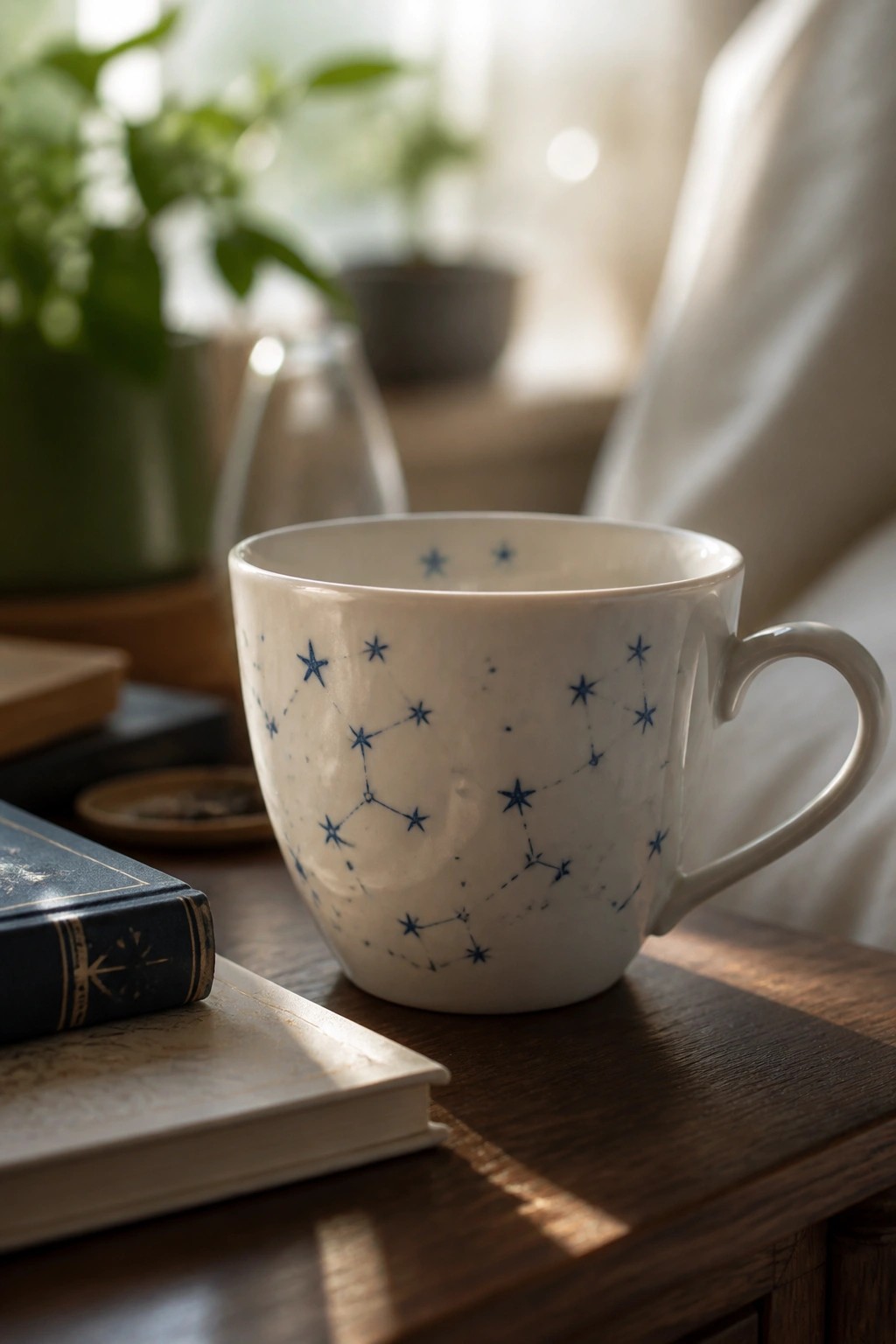 White mug with blue constellation stars on wooden table beside books