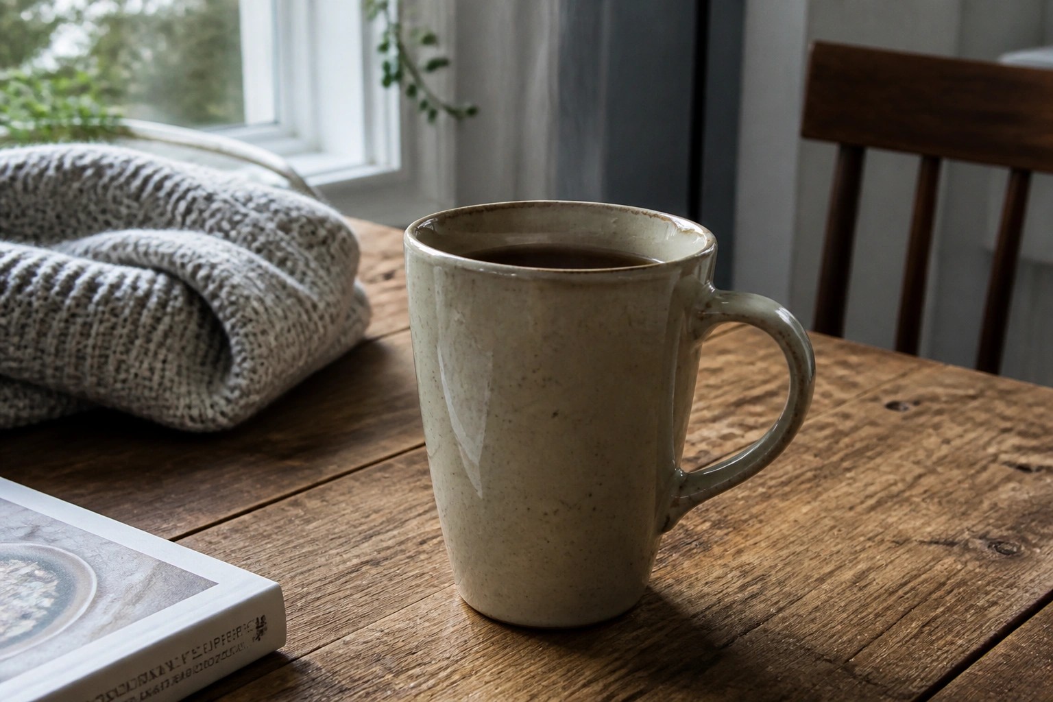 Steaming speckled ceramic mug on wooden table beside knitted blanket and dried flowers.