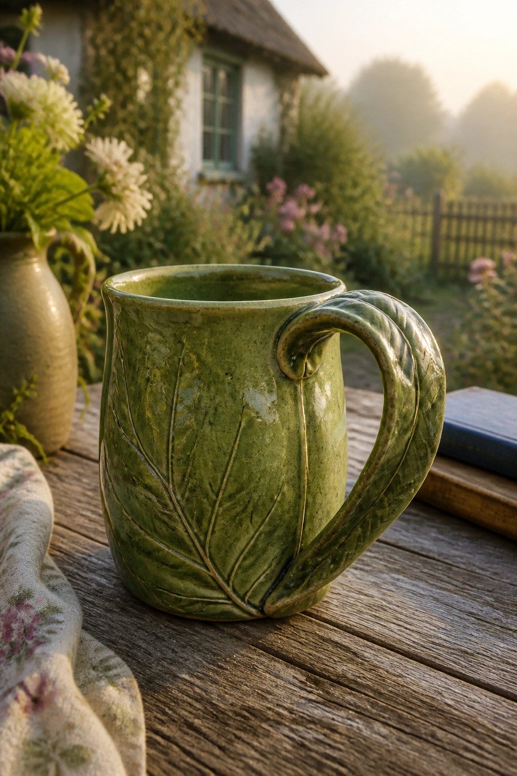 Green leaf-embossed ceramic mug on wooden table in cottage garden setting
