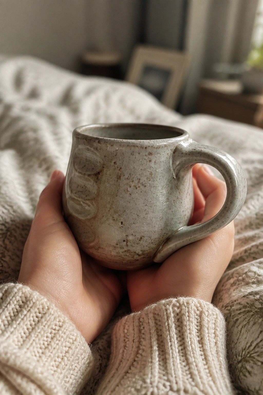 Hands in cream knit sweater holding speckled ceramic mug on bed.