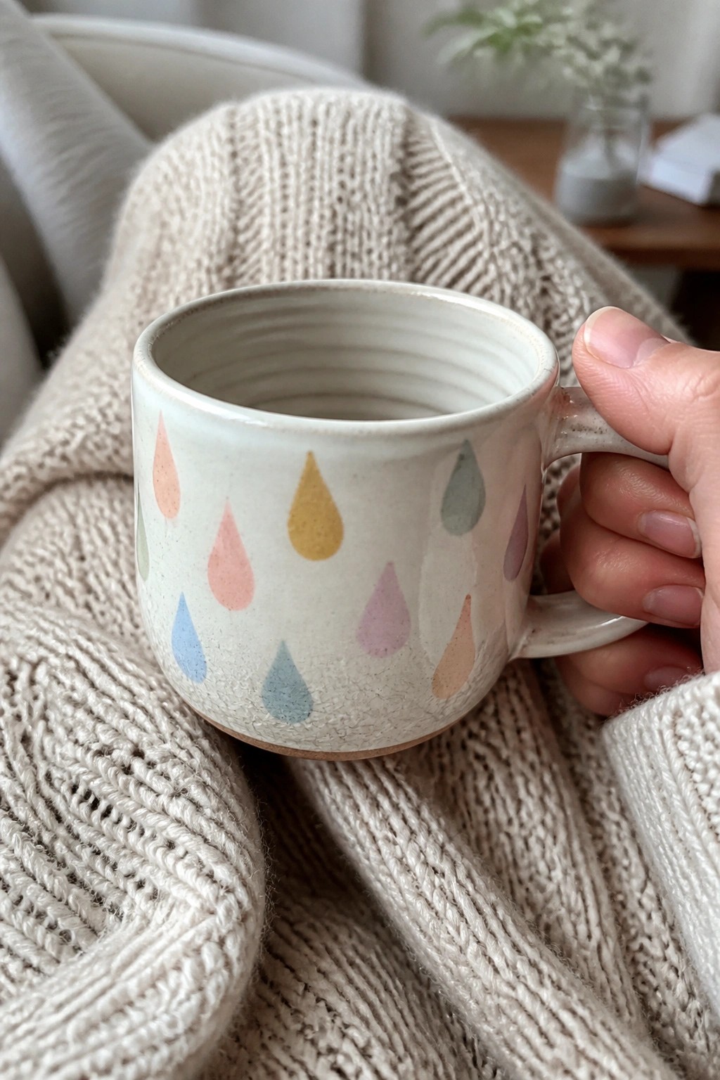 Hand holding pastel teardrop mug atop cream chunky knit sweater.