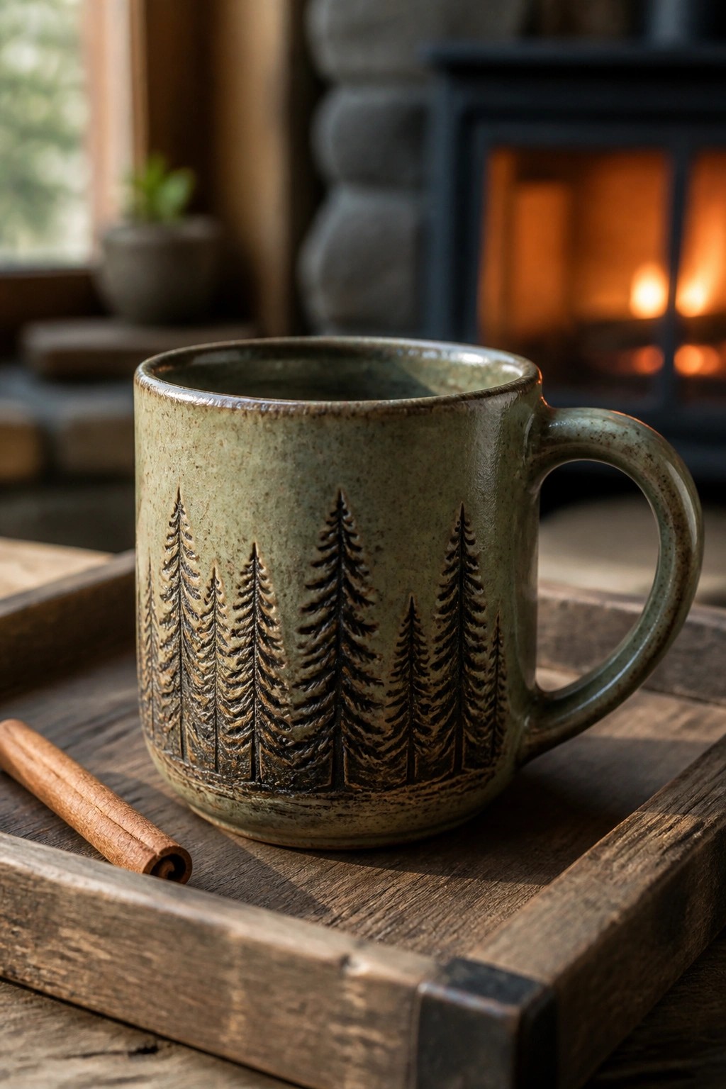 Rustic green mug with pine tree designs on wooden tray beside cinnamon stick and fireplace.