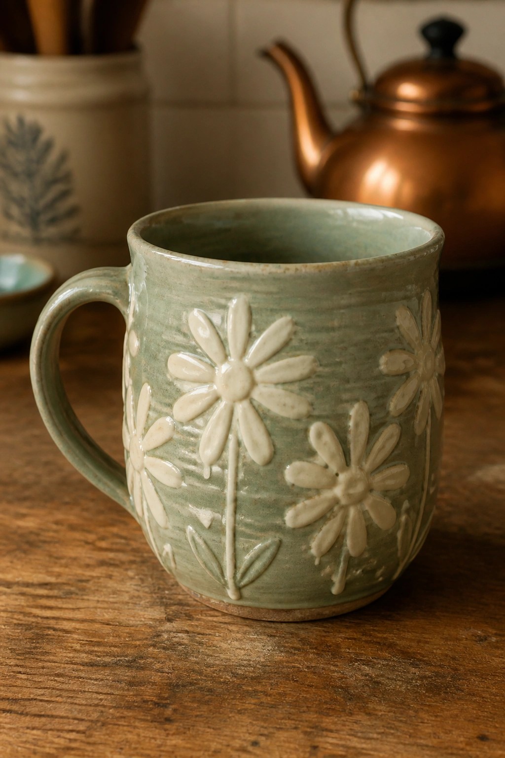 A light green ceramic mug with raised off-white daisy designs on a wooden surface.