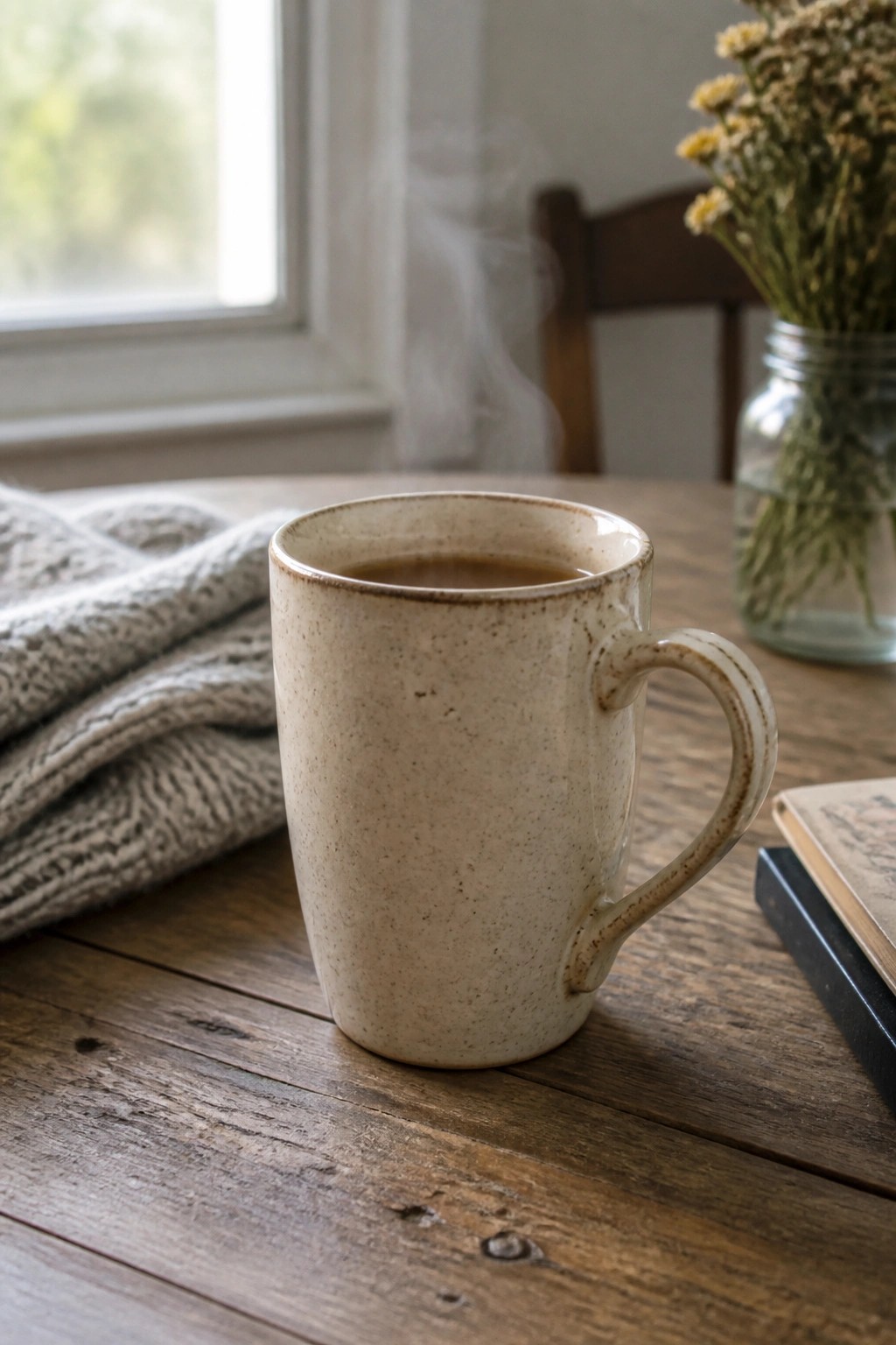 Steaming speckled ceramic mug on wooden table beside knitted blanket and dried flowers.
