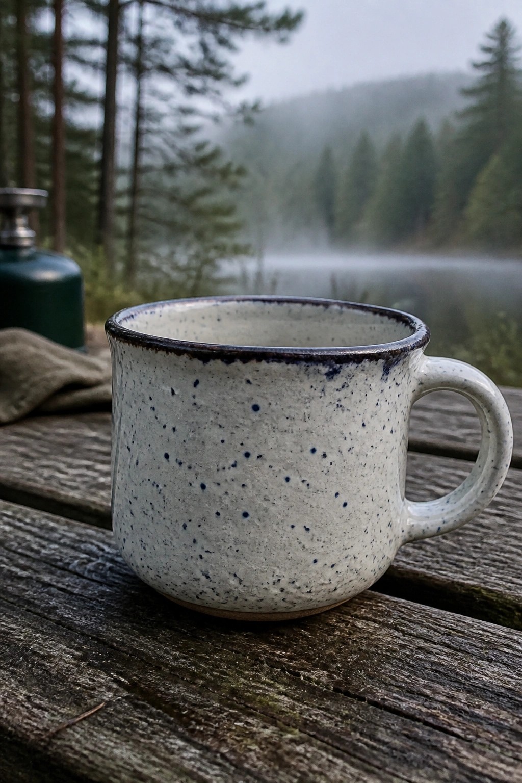 Speckled ceramic mug on wooden table with misty pine forest and lake behind.
