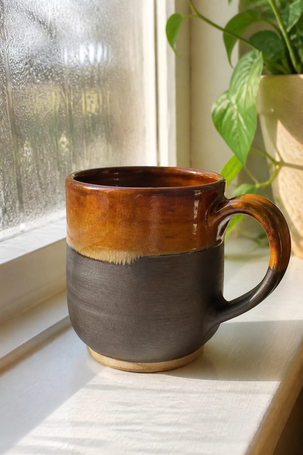 Brown and orange ceramic mug on sunlit windowsill with green plant.