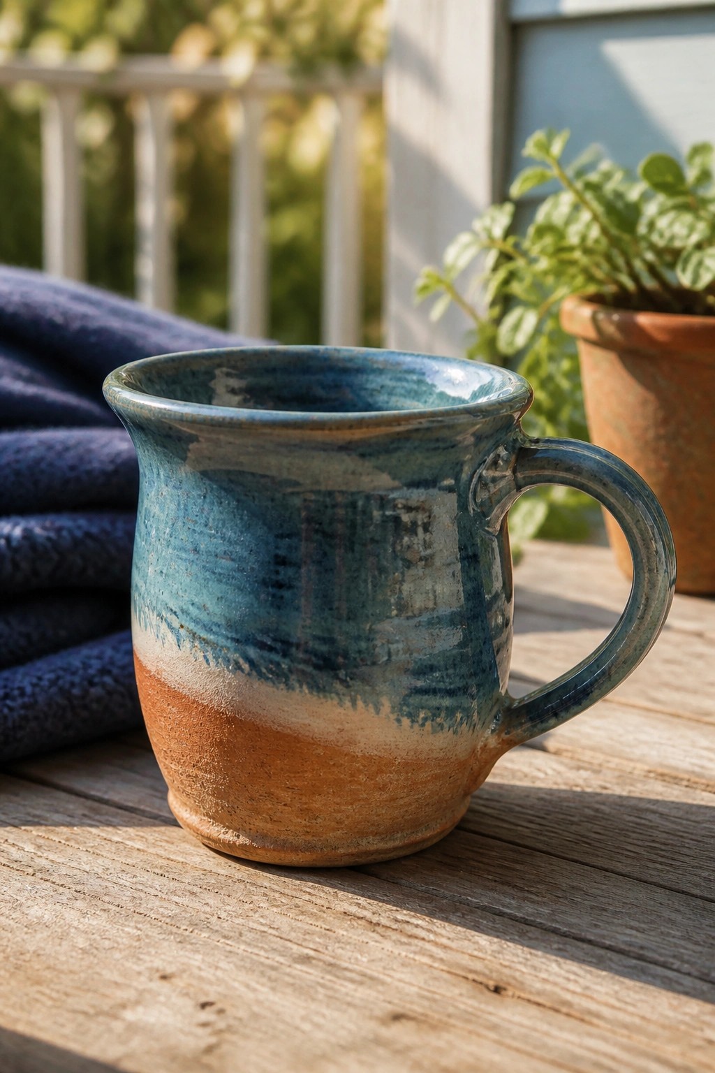 Blue and brown ceramic mug on wooden table beside blue towel and potted plant