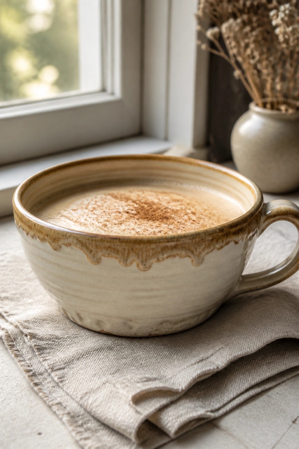 Cinnamon-dusted coffee in a rustic ceramic mug on linen by a window.