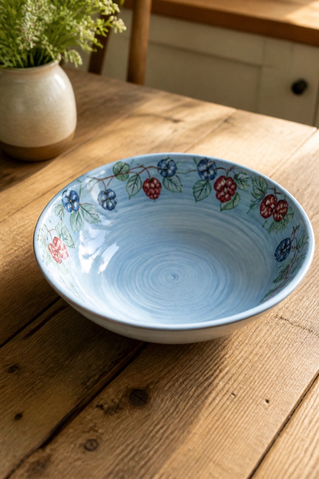 Light blue ceramic bowl with berry and flower designs on wooden table.
