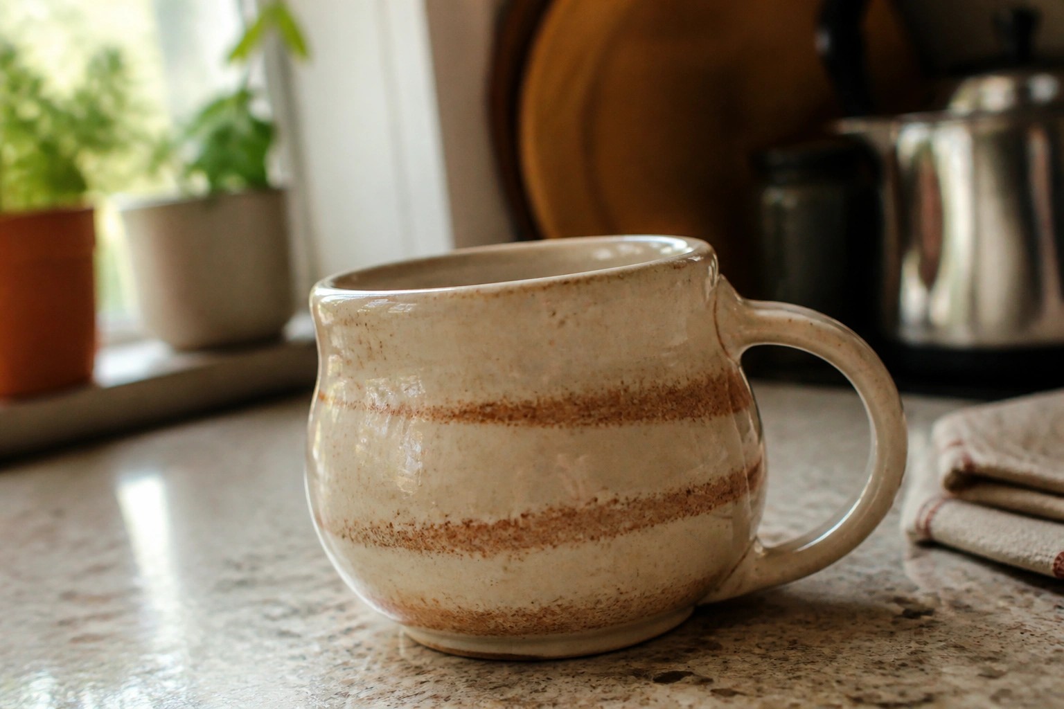 Creamy ceramic mug with vertical orange stripes on sunlit countertop.