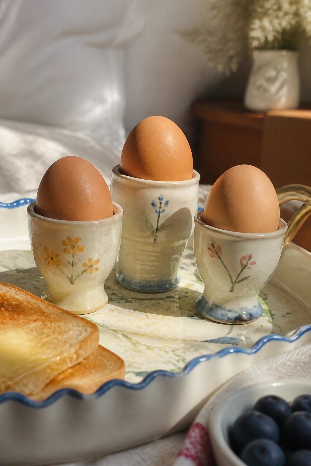 Three brown eggs in floral ceramic cups beside toast and blueberries.
