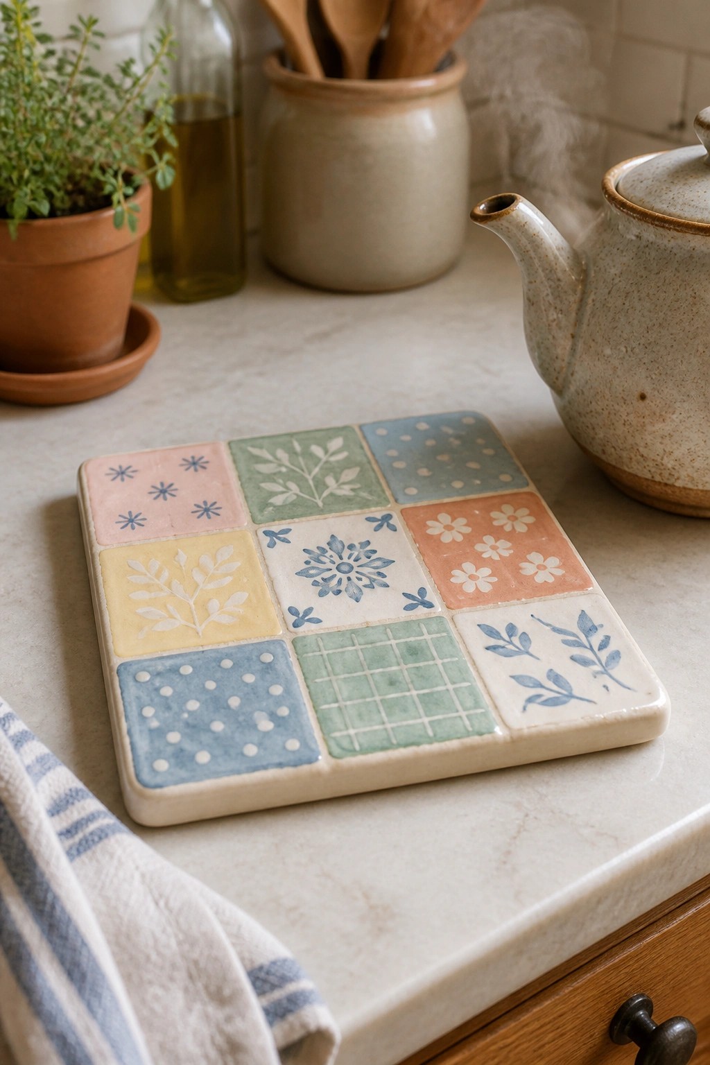 Colorful patterned ceramic tile trivet beside teapot on marble kitchen countertop