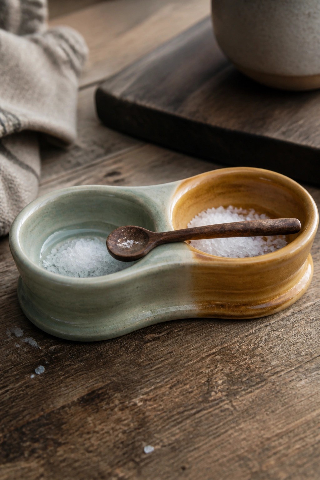 Ceramic double bowl in green and brown with salt and wooden spoon on table