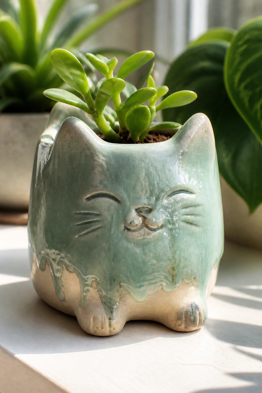Light blue-green cat-shaped ceramic planter with succulent on windowsill.