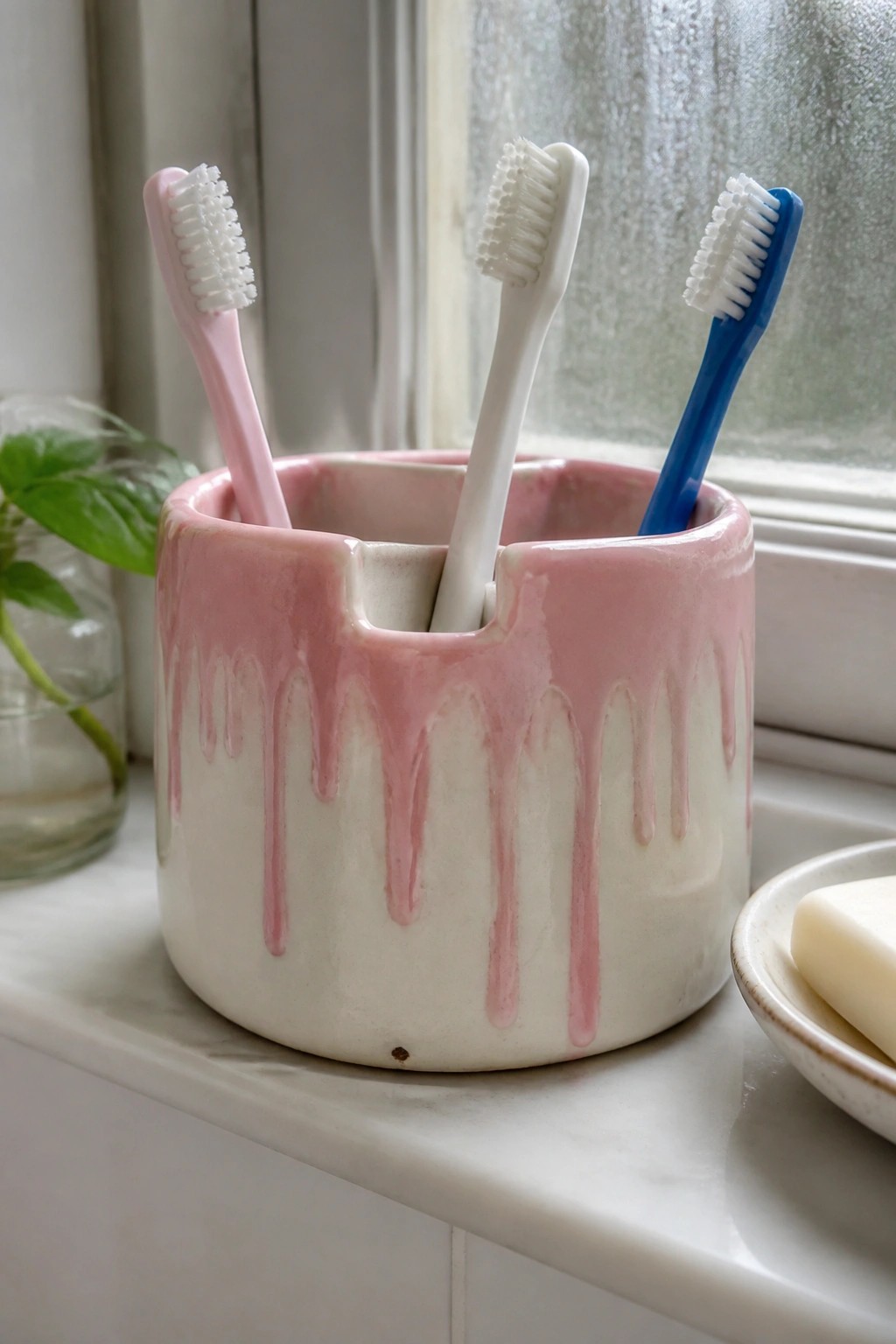 Pink and white dripping ceramic holder with pink, white, and blue toothbrushes on windowsill