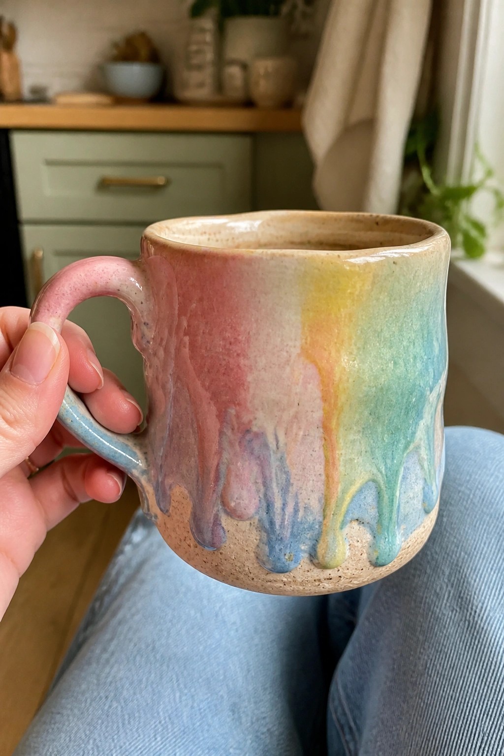 A hand holds a ceramic mug with dripping rainbow glaze colors over a speckled base.