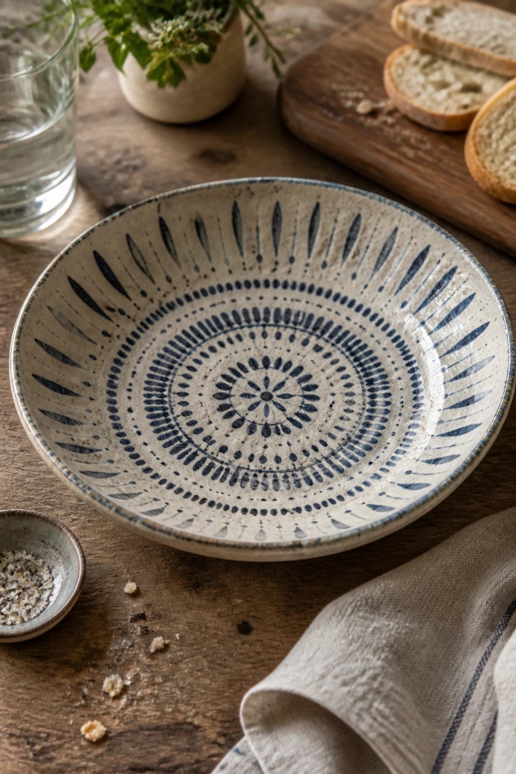 Ornate blue and white ceramic bowl on rustic wooden table with bread and glass