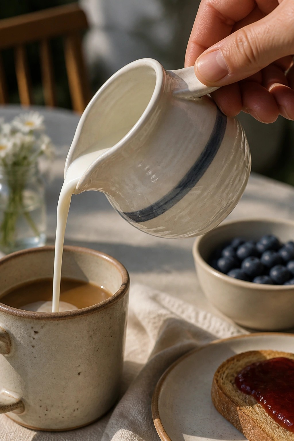 Hand pours milk from blue-striped pitcher into coffee mug beside blueberries and toast.
