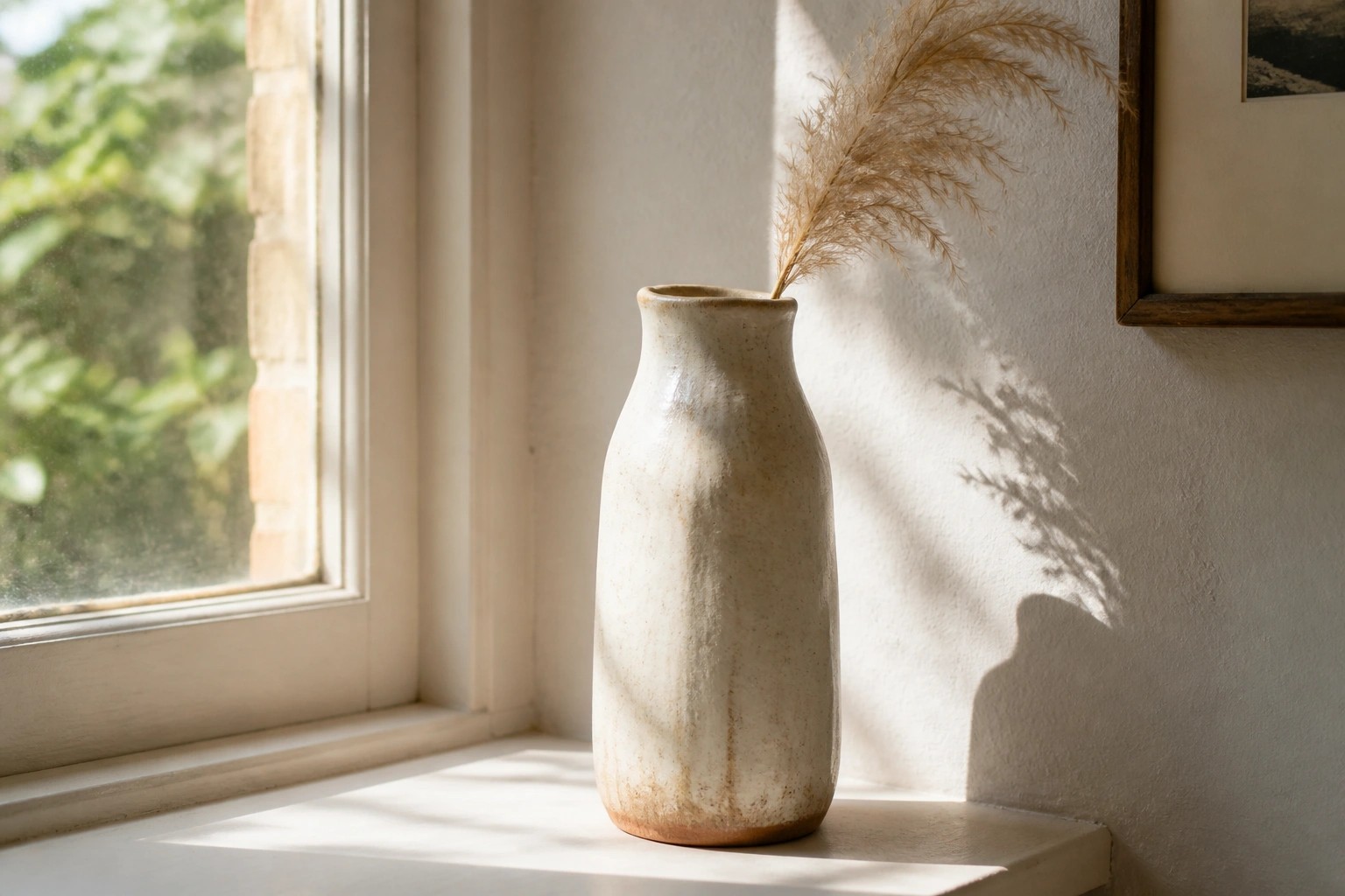 A tall off-white ceramic vase with a brown base holds dried pampas grass on a sunny windowsill next to stacked books.