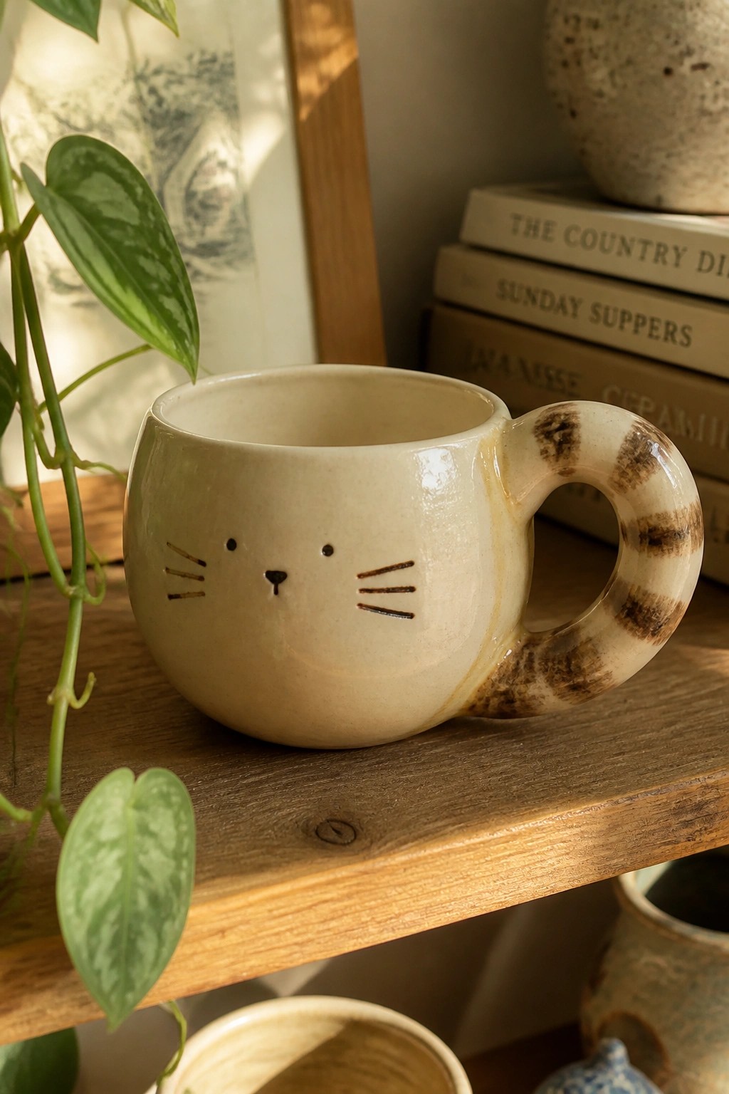 Cream ceramic mug with painted cat face and brown striped tail handle on a wooden shelf.
