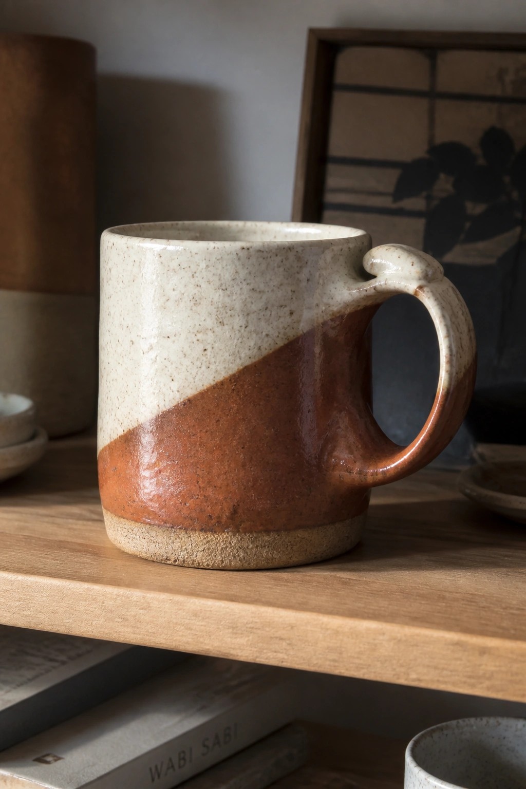 Speckled ceramic mug with white and rust glaze on wooden shelf