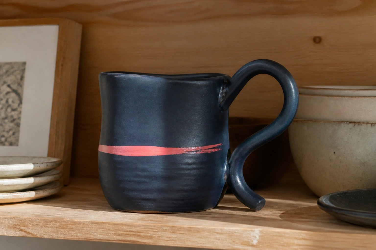Blue ceramic mug with coral stripe on wooden shelf above books