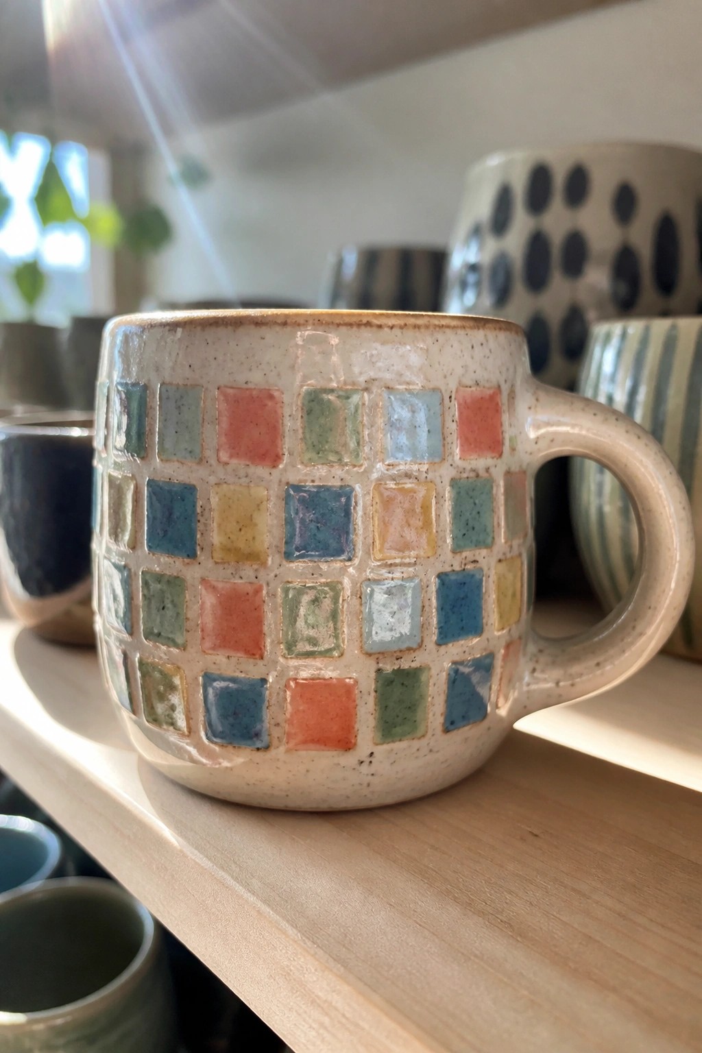 Colorful mosaic ceramic mug with square tiles on wooden shelf amid pottery