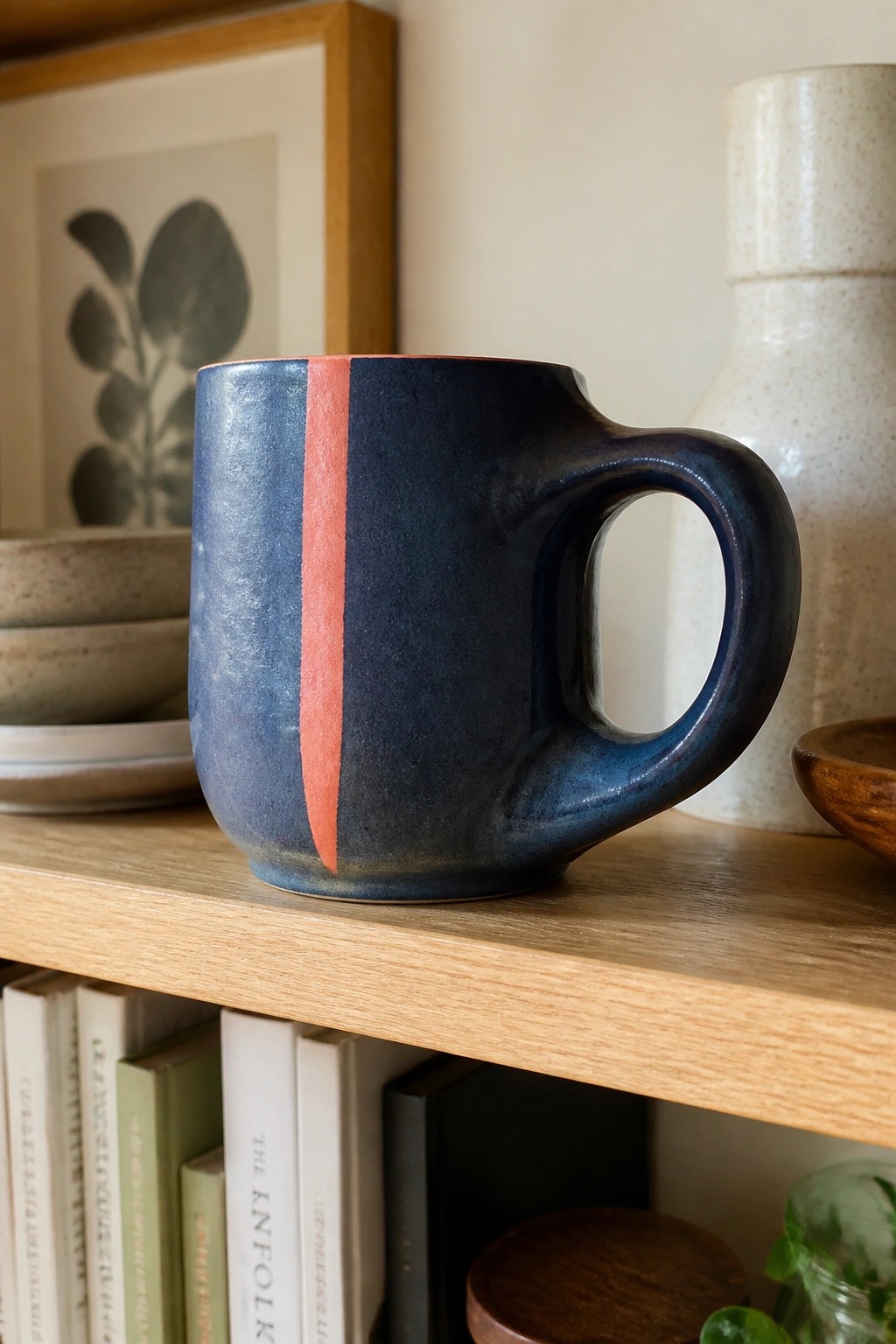Blue ceramic mug with coral stripe on wooden shelf above books