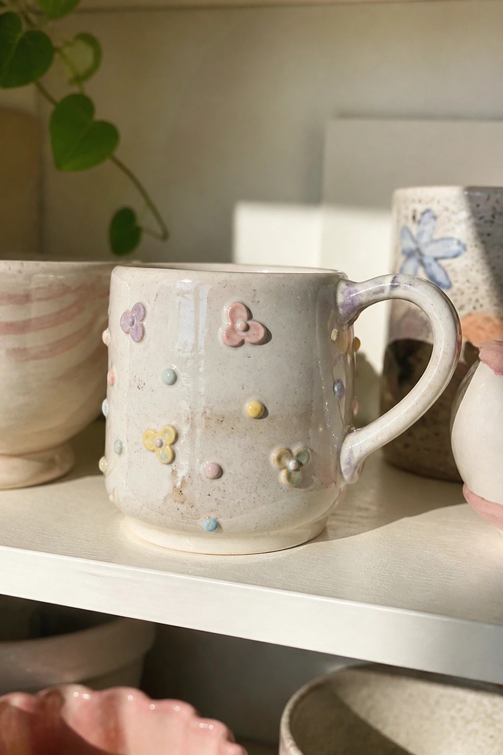 Cream ceramic mug with pastel flower appliques and dots on white shelf