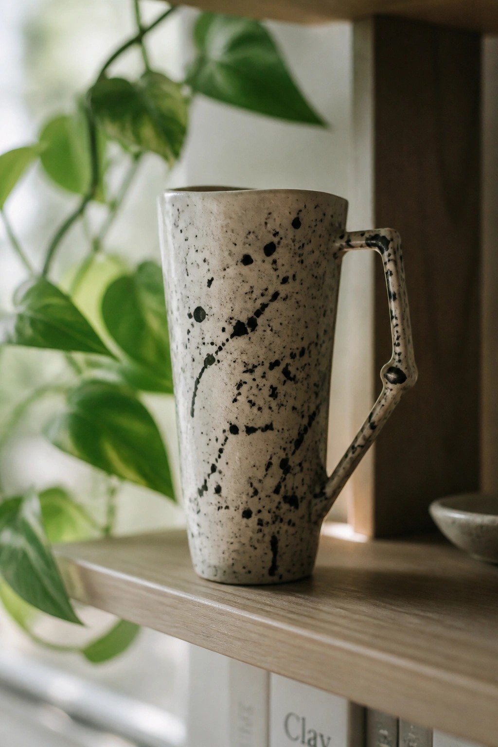 Speckled ceramic mug with handle on wooden shelf near green plant