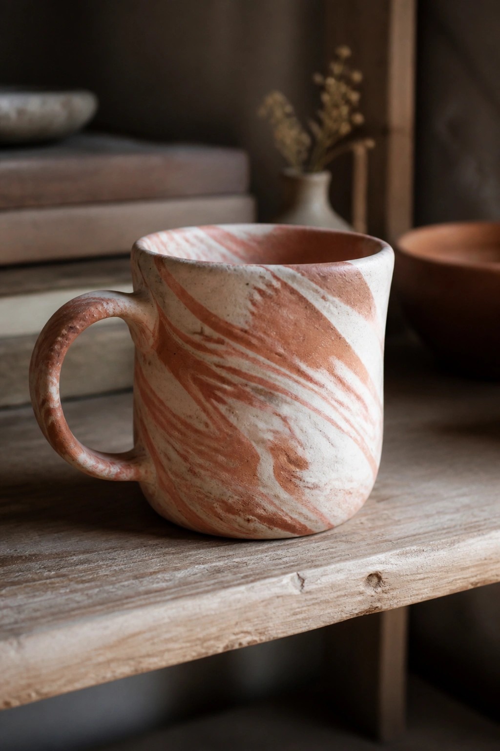 Terracotta and white marbled ceramic mug on rustic wooden surface.