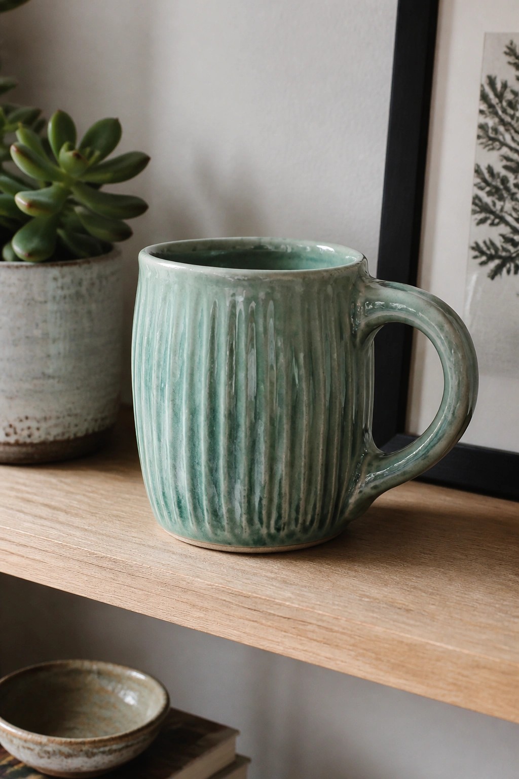 Green ribbed ceramic mug on wooden shelf beside potted succulent plant