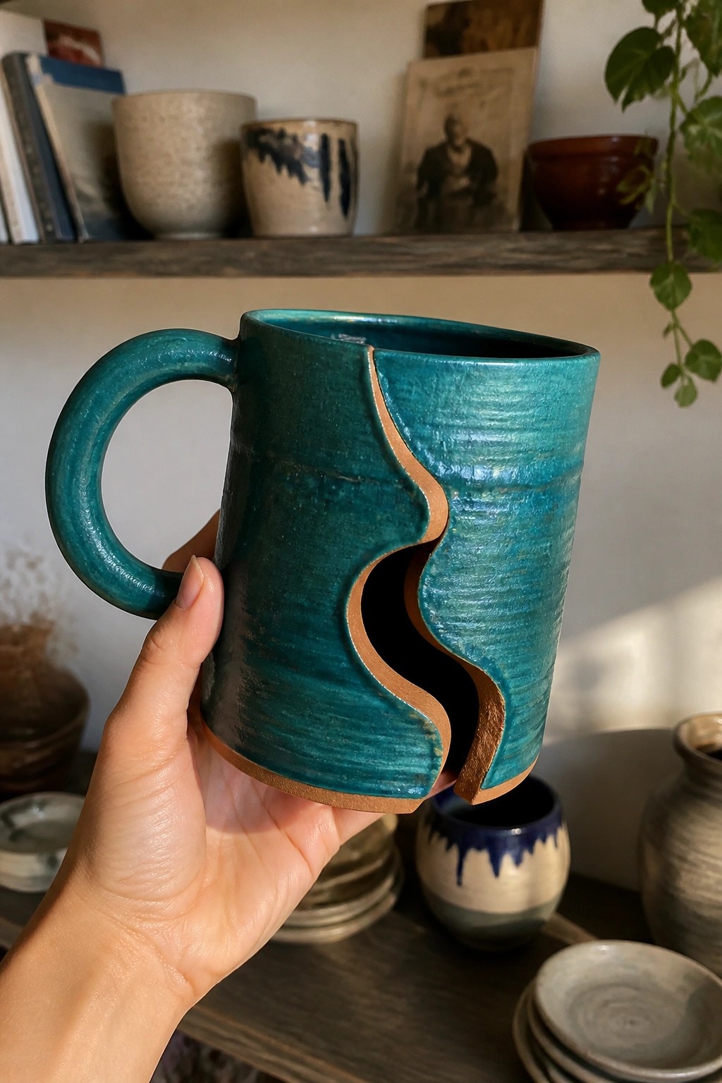 Hand holding teal ceramic mug with wavy cutout exposing brown clay.