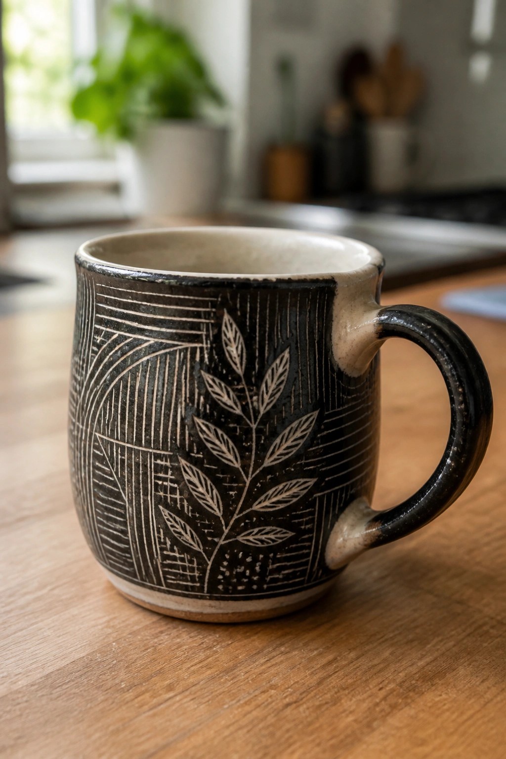 Dark ceramic mug with white leaf patterns on wooden table