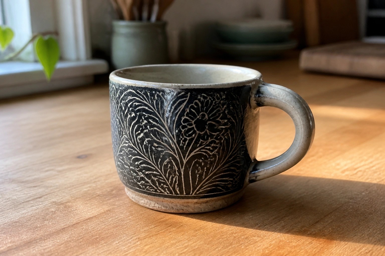 Dark ceramic mug with white leaf patterns on wooden table