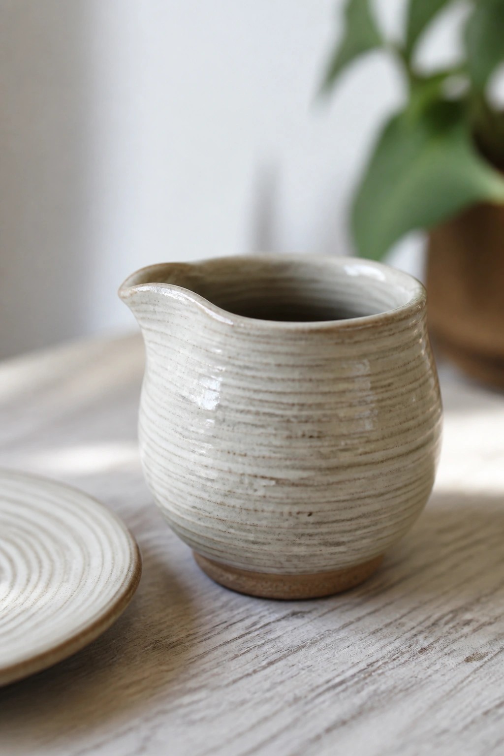 Ceramic pitcher with horizontal stripes on wooden table beside partial plate
