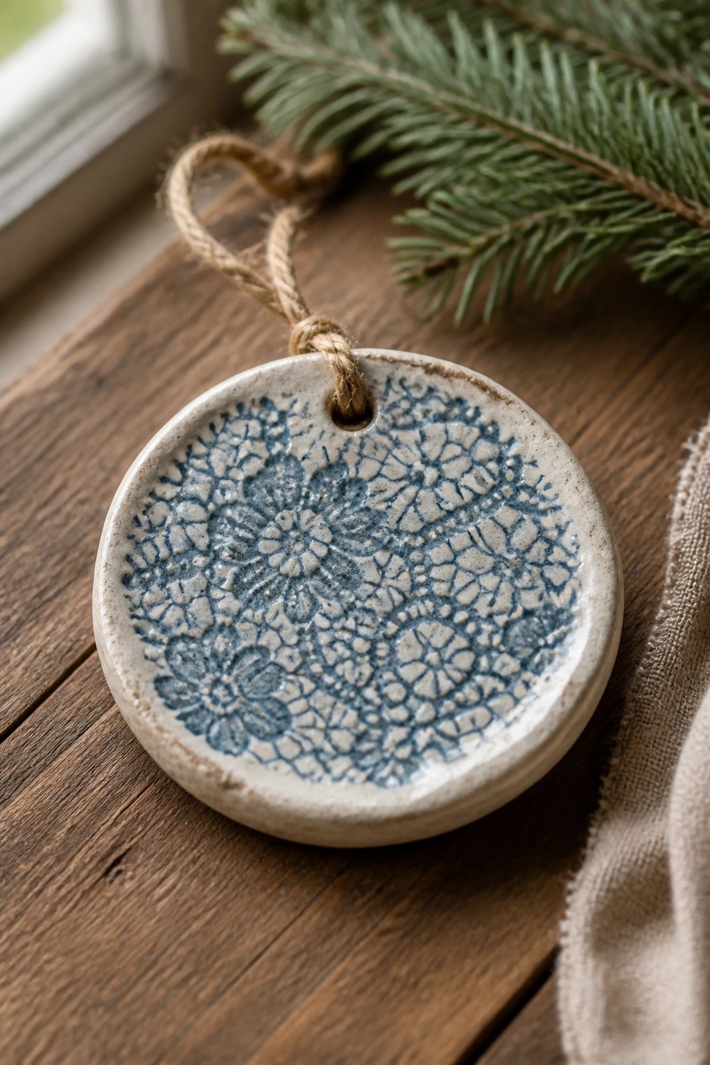 Round ceramic ornament with blue floral pattern and twine on wooden table