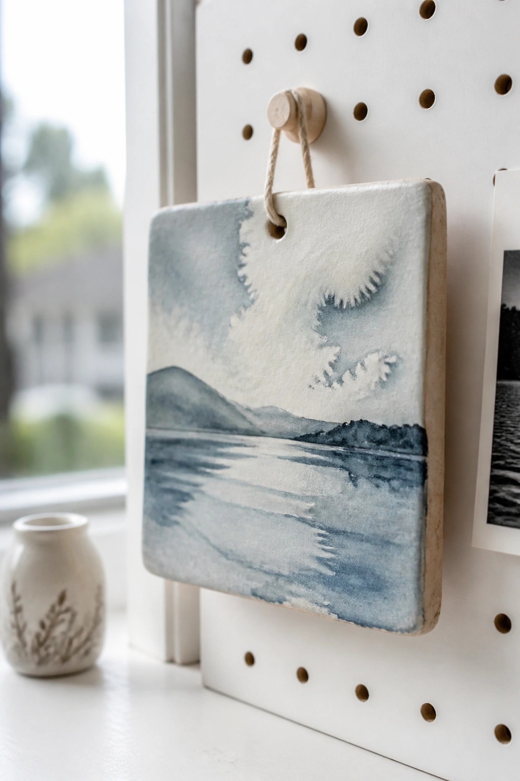 Ceramic tile with blue watercolor mountain landscape hanging on white pegboard