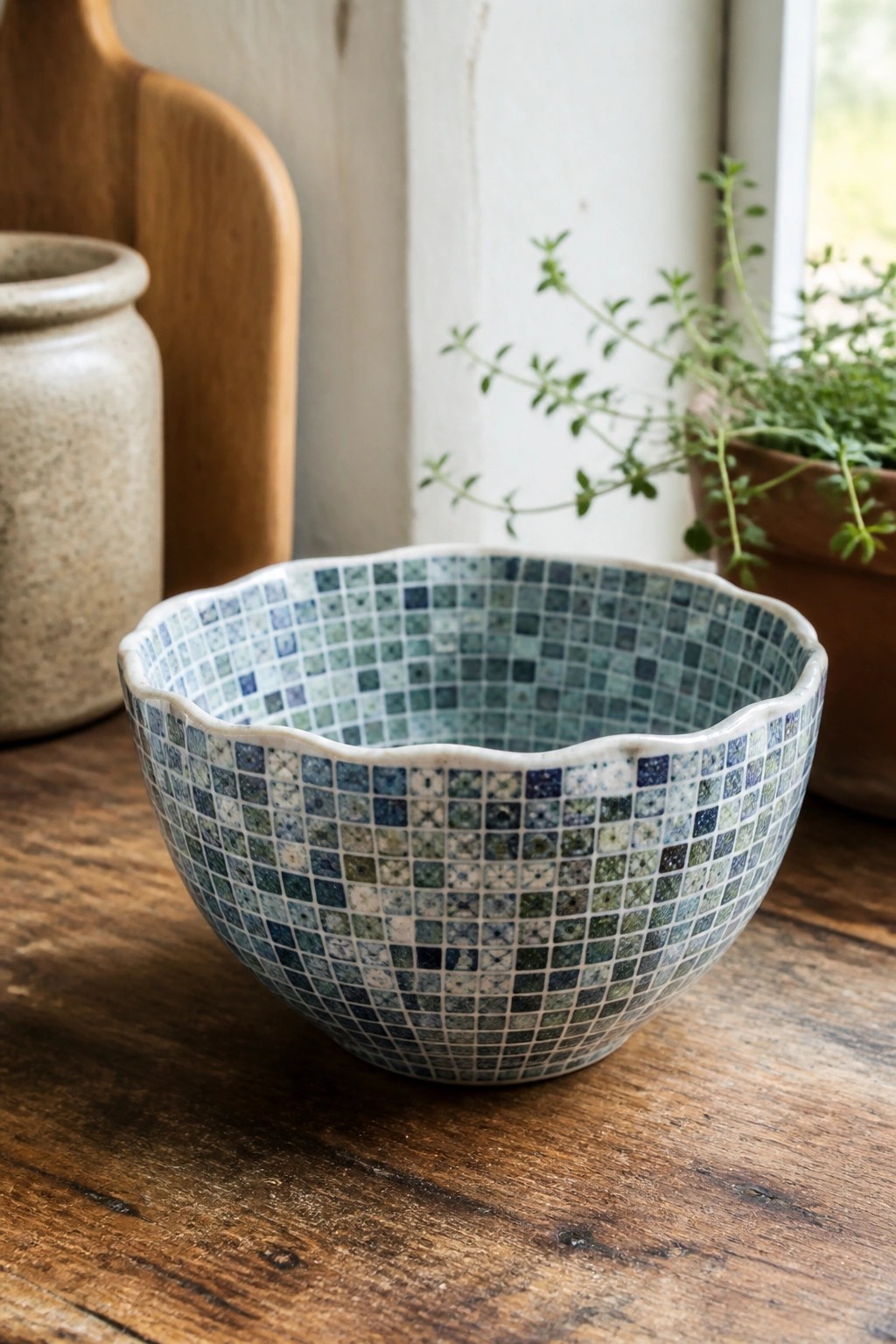 Mosaic bowl with blue-green tiles and scalloped rim on wooden table.