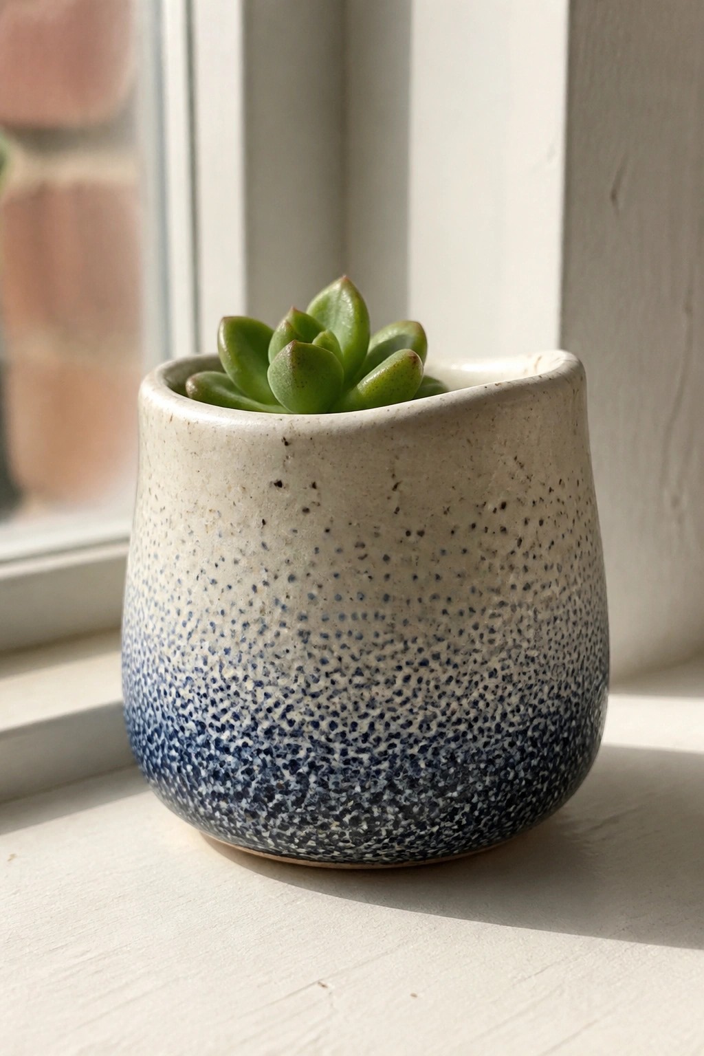 Small green succulent in speckled white-to-blue ceramic pot on sunny windowsill