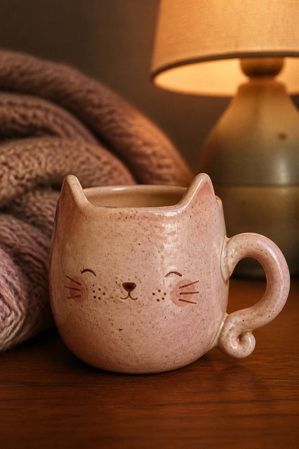 Pink cat-face ceramic mug on wooden table near knit blanket and lit lamp.