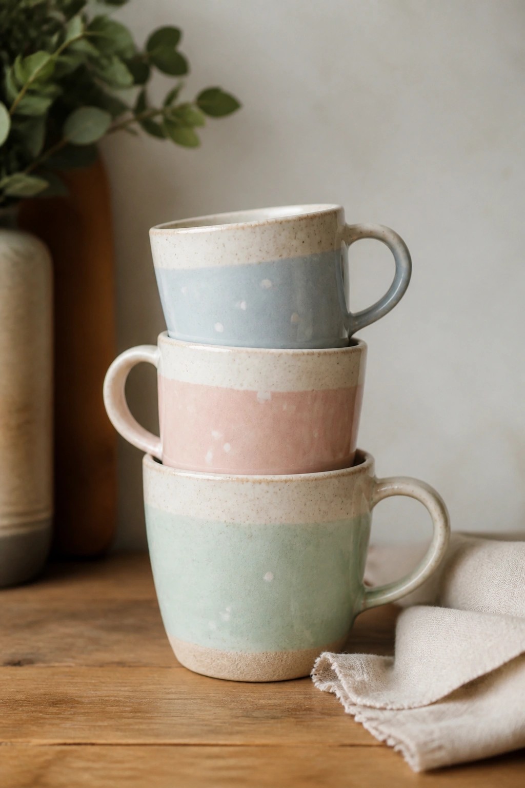 Three stacked pastel ceramic mugs in blue, pink, and green on wood